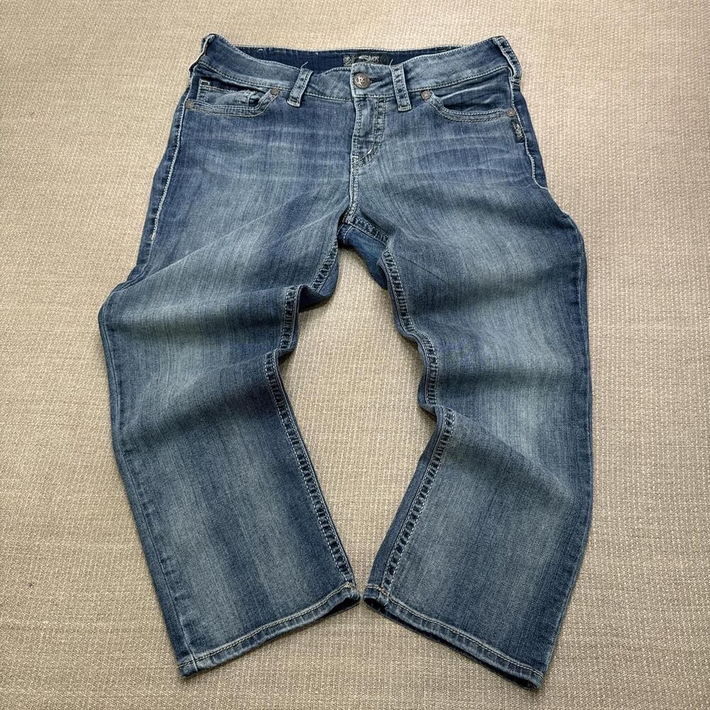 Silver Y2K low rise stretch jeans cropped Suki distressed embellished pockets